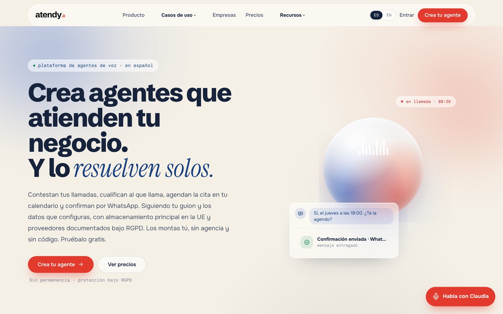 Web de Atendy: crea agentes de voz que atienden tu negocio y lo resuelven solos