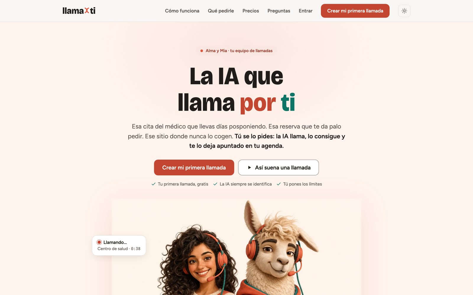 Web de llamaporti: la IA que llama por ti, con Alma y Mia