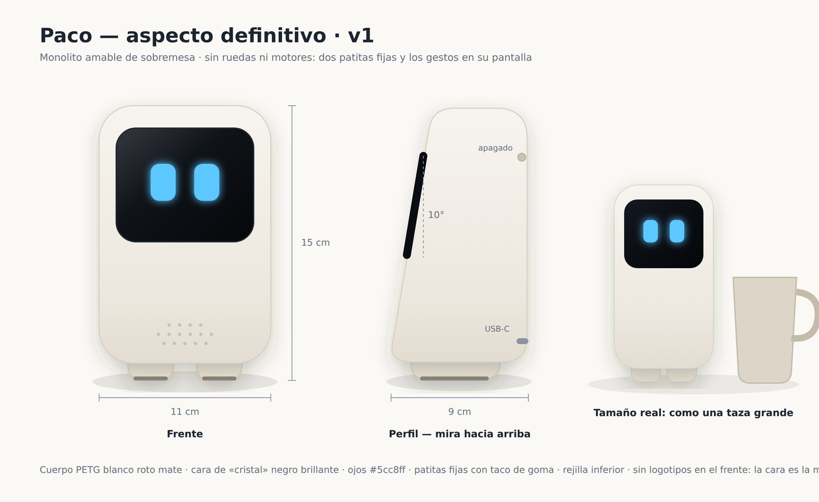Diseño técnico del robot Paco: 15 cm de alto, pantalla-cara con ojos azules